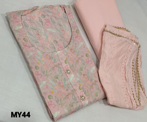 CODE MY44: Designer Printed Pastel Pink Satin Cotton unstitched Salwar material(lining optional) with embroidery and sequence work on frontside, neck stitch, fancy buttons on yoke, matching thin cotton bottom, fancy silk cotton dupatta with thread and sequence work allover and gota lace tapings.(embroidery design might vary)