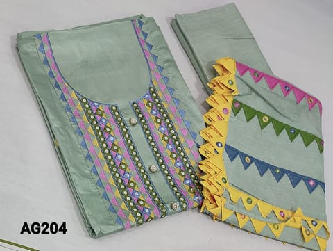 CODE AG203: Premium Pastel Greeen Shade soft Silk Cotton unstitched Salwar material(requires lining) with colorful thread and foil work on yoke, matching santoon bottom, cut work and foil work on fancy silk cotton dupatta with tapings.