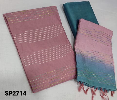 CODE SP2714:  Premium Pink fancy Silk Cotton unstitched Salwar material(lining required) with thread woven work on yoke, Blue silk cotton bottom, thread woven on dual shaded silk cotton dupatta with  tassels