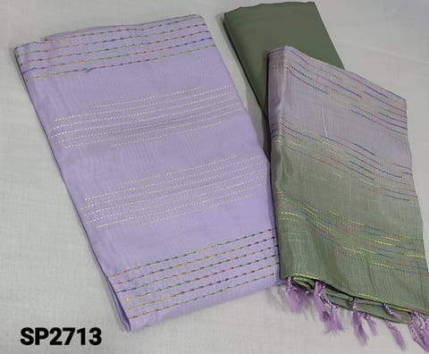 CODE SP2713:  Premium Lavender fancy Silk Cotton unstitched Salwar material(lining required) with thread woven work on yoke, Greyish green silky bottom, thread woven on dual shaded silk cotton dupatta with  tassels