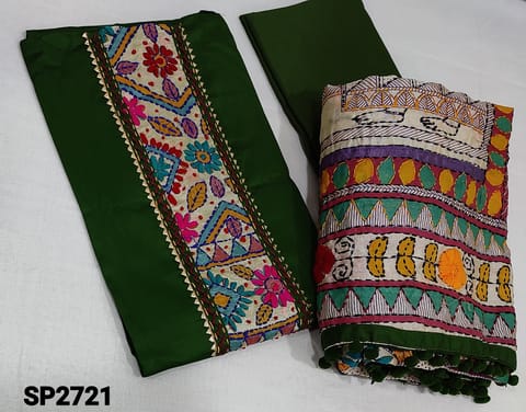 CODE SP2721: Designer Green Satin Cotton unstitched salwar material(requires lining) with Kantha patch work (Design on yoke and its color will vary from piece to piece) on yoke, thread weaving pattern, Green cotton bottom, hand kantha work on fancy silk cotton dupatta with tapings (colour of embroidery,tapings and  design might vary for each set)