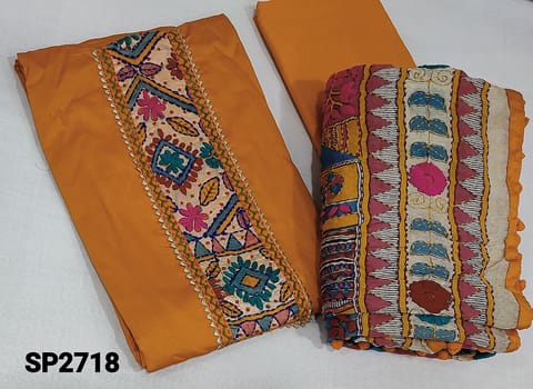 CODE SP2718: Designer Yellow Satin Cotton unstitched salwar material(requires lining) with Kantha patch work (Design on yoke and its color will vary from piece to piece) on yoke, thread weaving pattern, yellow cotton bottom, hand kantha work on fancy silk cotton dupatta with tapings (colour of embroidery,tapings and  design might vary for each set)