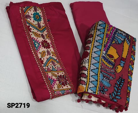 CODE SP2719: Designer Pink Satin Cotton unstitched salwar material(requires lining) with Kantha patch work (Design on yoke and its color will vary from piece to piece) on yoke, thread weaving pattern, pink cotton bottom, hand kantha work on fancy silk cotton dupatta with tapings (colour of embroidery,tapings and  design might vary for each set)