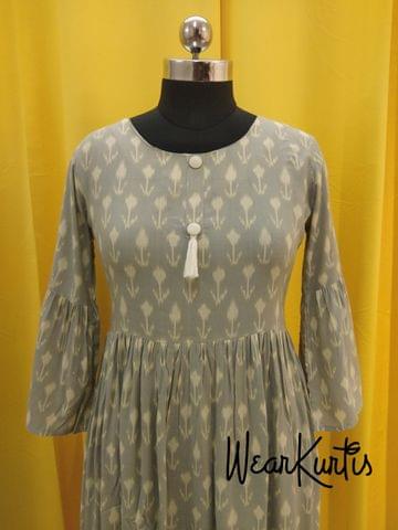 Grey Modal Fabric gathered waistline flared Kurti With closed front placket(Refer Size chart, 3rd pic before ordering, No Refund, No Return, No exchange, No cancellation), Round Neck, Height 44-46, 3/4  bell Sleeves