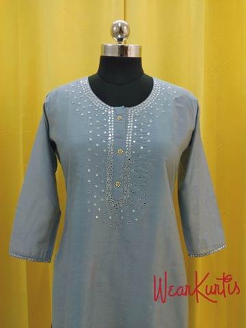 Designer Blueish Grey Chanderi (with lining) Kurti with fancy buttons and foil mirror work on yoke(Refer Size chart, 3rd pic before ordering, No Refund, No Return, No exchange, No cancellation), Round Neck, Height 46, 3/4 Sleeves, front and side slit