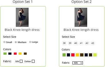 Product management software of StoreHippo powered fashion website showing 2 different option sets for product display.