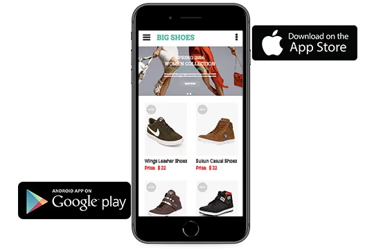 Android and iOS mobile apps for an online footwear store, built using StoreHippo ecommerce platform.