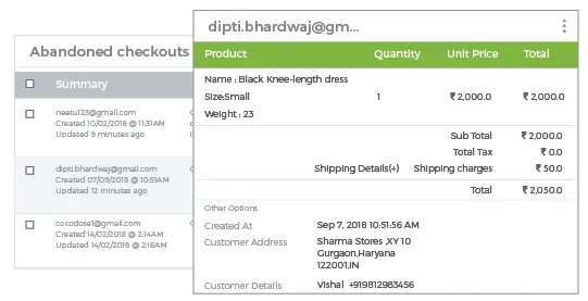 StoreHippo powered abandoned cart follow up module showing complete details of an incomplete checkout.