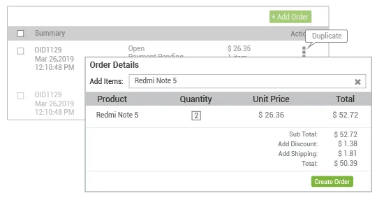 StoreHippo powered order management system's inbuilt  feature to add manual & duplicate order .