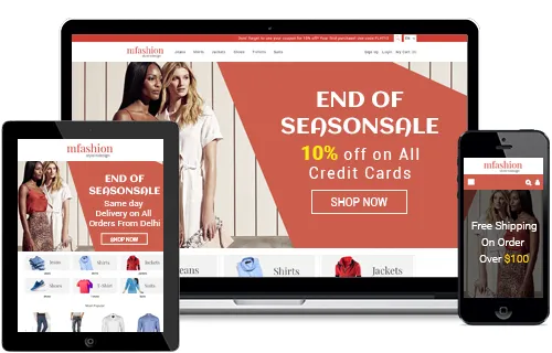 Laptop, tablet & mobile view of an online fashion store powered by scalable headless commerce solutions from StoreHippo.