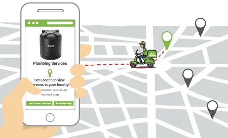Hyperlocal ecommerce mobile app showing Google map & a servicing agent riding to offer home services at the pinned location.