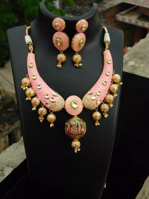 Kundan Meenakari Necklace Set- Pink