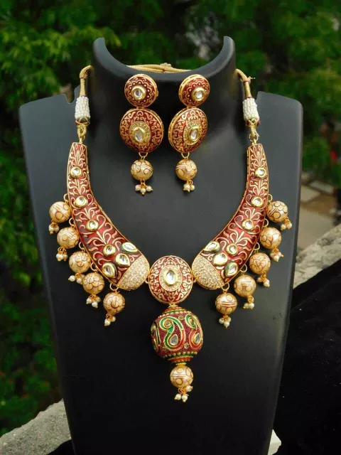 Kundan Meenakari Necklace Set- Red