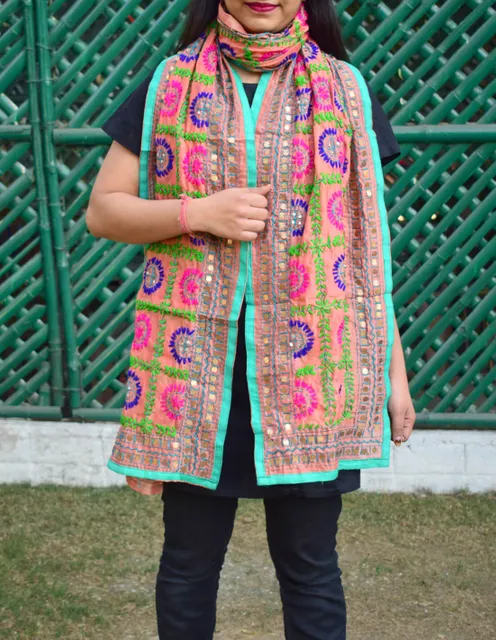 GiftPiper Chanderi Hand Embroidered Stole-Turquoise