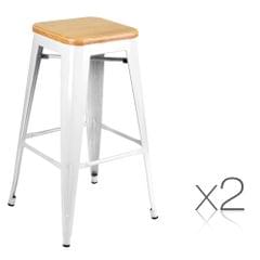 Set of 2 Tolix Replica Metal Steel Bamboo Seat Bar stool White