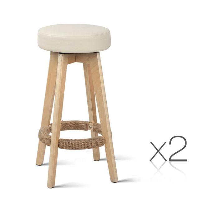 Set of 2 PU Leather Bar Stools with Wood Base Beige