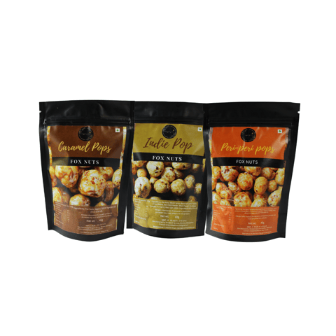 Foxnuts Combo of 3 (Caramel Pops, Peri Peri Pops, Indie Pop), Flavoured Makhana