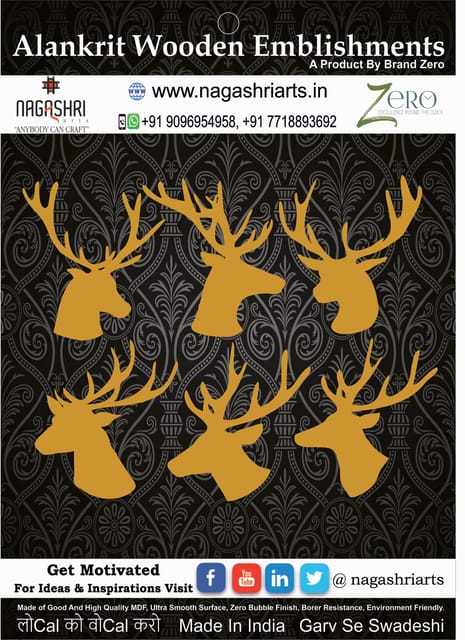 Brand Zero MDF Reindeer Face Decorative Embellishments Big Size - Pack of 6 Different Designs