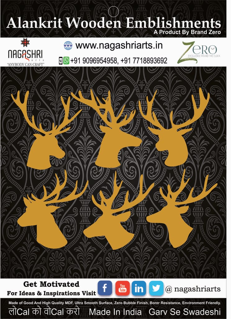 Brand Zero MDF Reindeer Face Decorative Embellishments Medium Size - Pack of 6 Different Designs