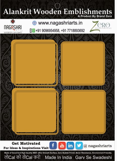 Brand Zero MDF Square Coaster With Border Frame 4 Inches - Pack of 4 Pairs