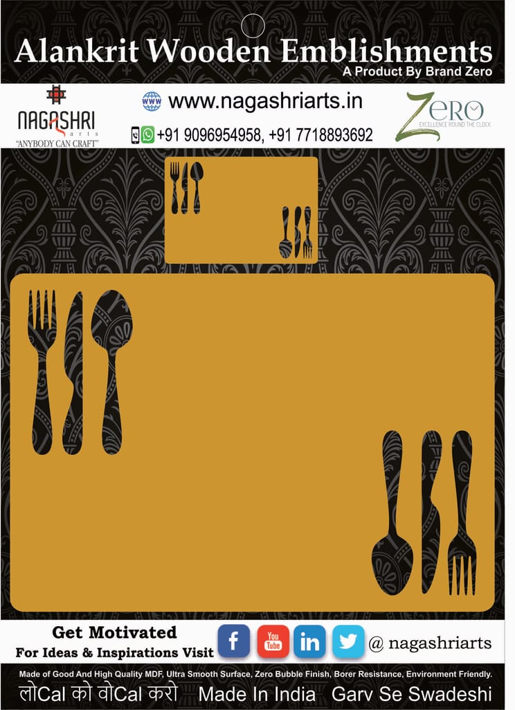 Brand Zero Fork Knife Spoon Placemat Design 1 with Complementing Coaster - Pack of 1 Placemat And 1 Coaster - Select Your Choice of Thickness