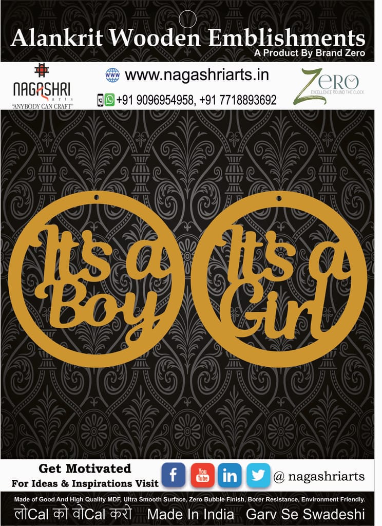 Brand Zero MDF Embellishment Combo of Its A Boy And Its A Girl In Circle Design 1 - Size: 2.0 Inches by 2.0 Inches And 2.5 mm Thick