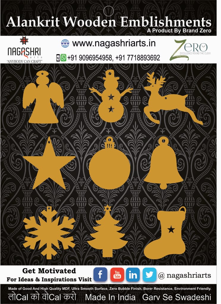Brand Zero MDF Christmas Ornament Design 3 - Combo of 9 Pcs - 3 Inches Height & 2.5mm Thickness