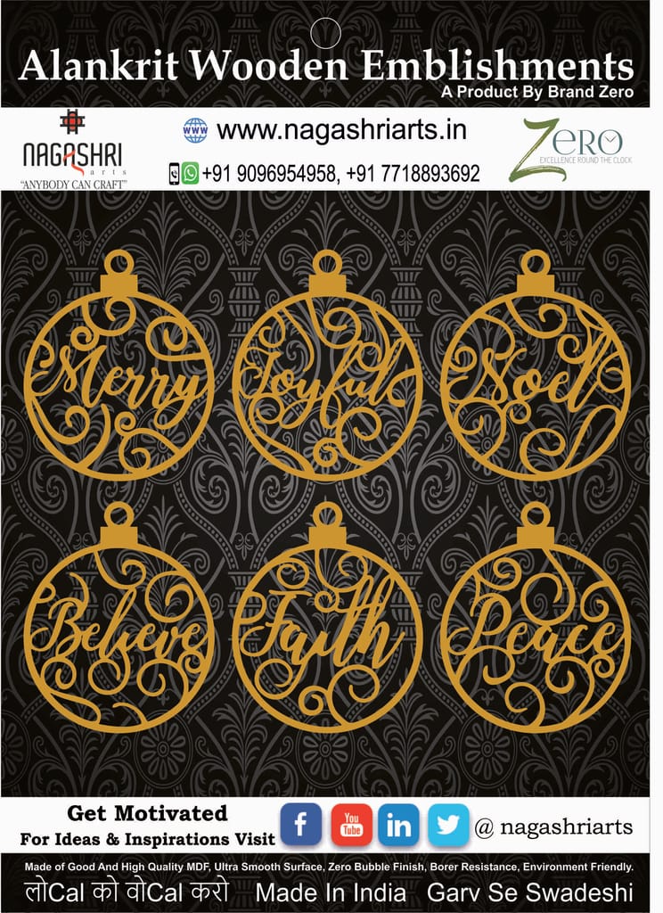 Brand Zero MDF Christmas Ornament Design 5 - Combo of 6 Pcs - 2.5 Inches Height & 2.5mm Thickness
