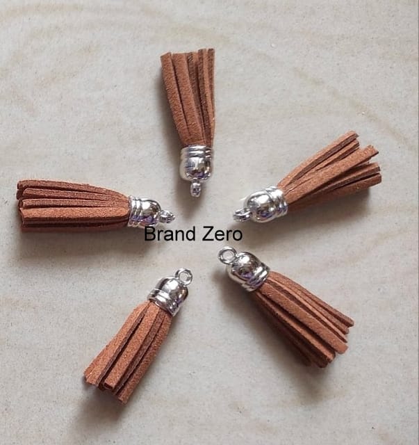 Brand Zero Leather Faux Suede Tassels - Light Brown Color With Silver Cap - Pack of 5