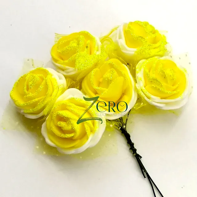 Bunch of 6 Pcs Hand Made Foam Flower Big With Glitter- Yellow Color