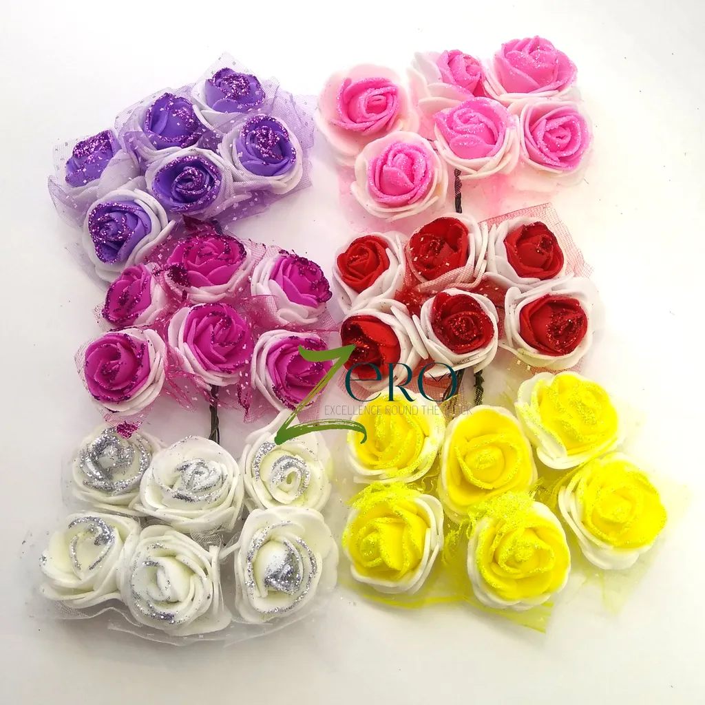 Bunch of 36 Pcs Hand Made Foam Flower Big With Glitter- 6 Pcs Each in 6 Assorted Color