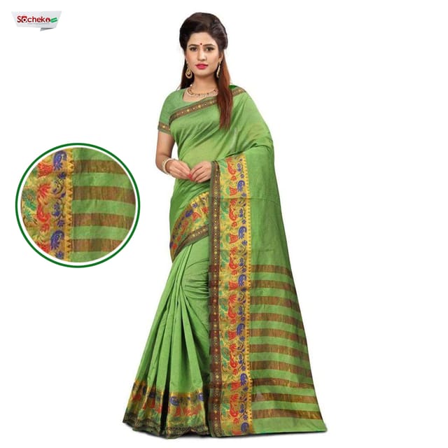 Green Cotton Silk Printed Saree With Unstitced Blouse For Women