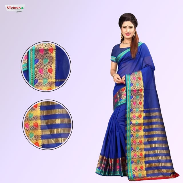 Royal Blue Leaves Printed Saree With Unstitched Blouse