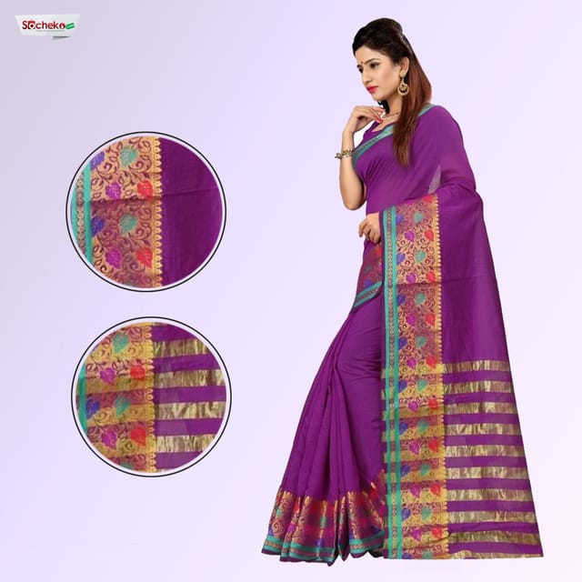 Purple Leaves Printed Saree With Unstitched Blouse