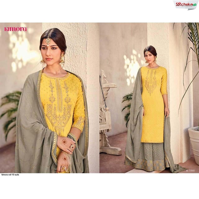Yellow/Grey Chanderi Silk Kurta Shalwar Set For Women