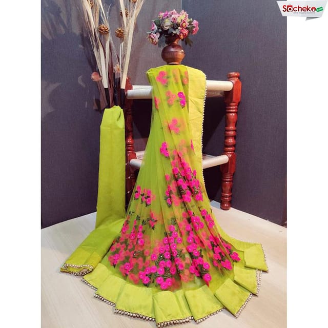Lime Green Floral Embroidered Saree With Blouse Piece For Women