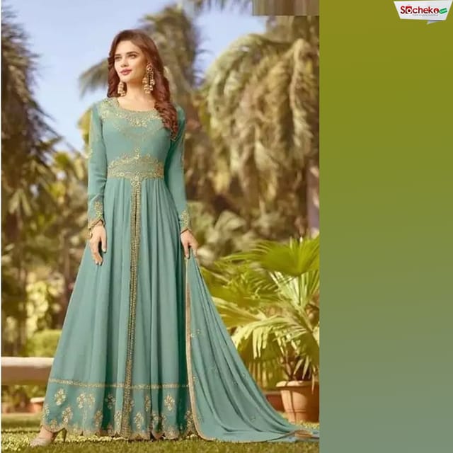Blue Semi-Stitched Anarkali Gown Set With Shawl For Women