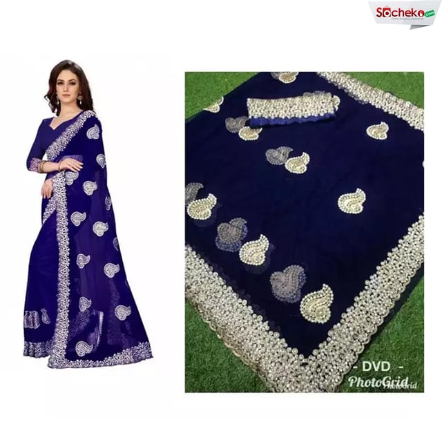 Deep Blue Pearl Embroidered Saree With Blouse Piece For Women