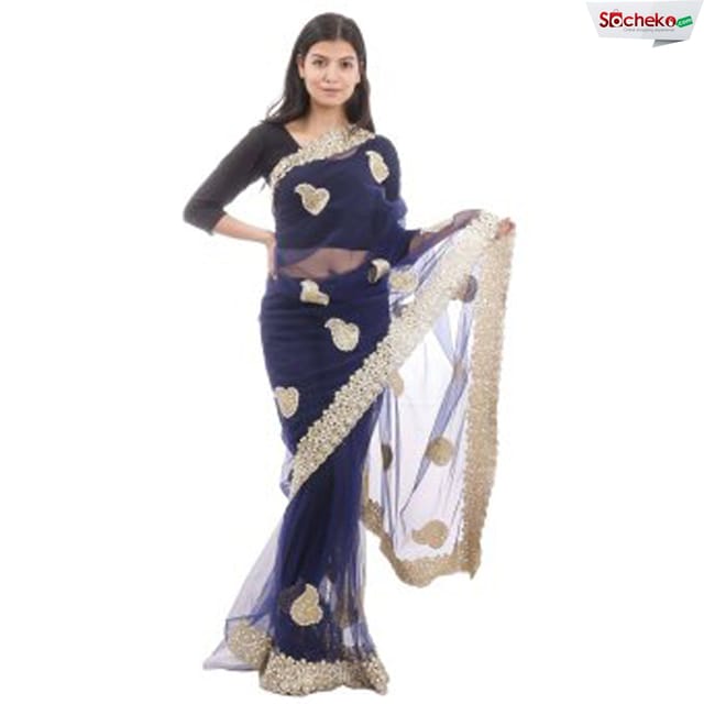Dark Blue/Navy Blue Pearl Embroidered Net Saree With Unstitched Blouse For Women