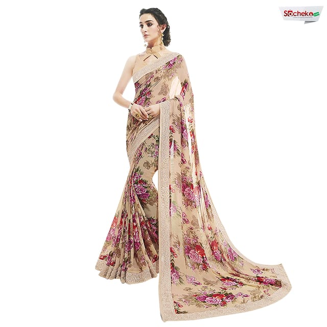 Cream/Pink Printed Saree With Unstitched Blouse For Women