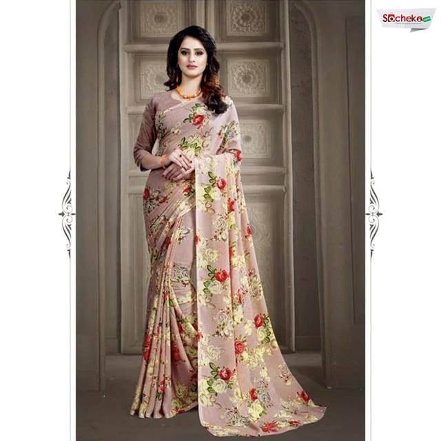 Blush Pink Printed Saree With Unstitched Blouse