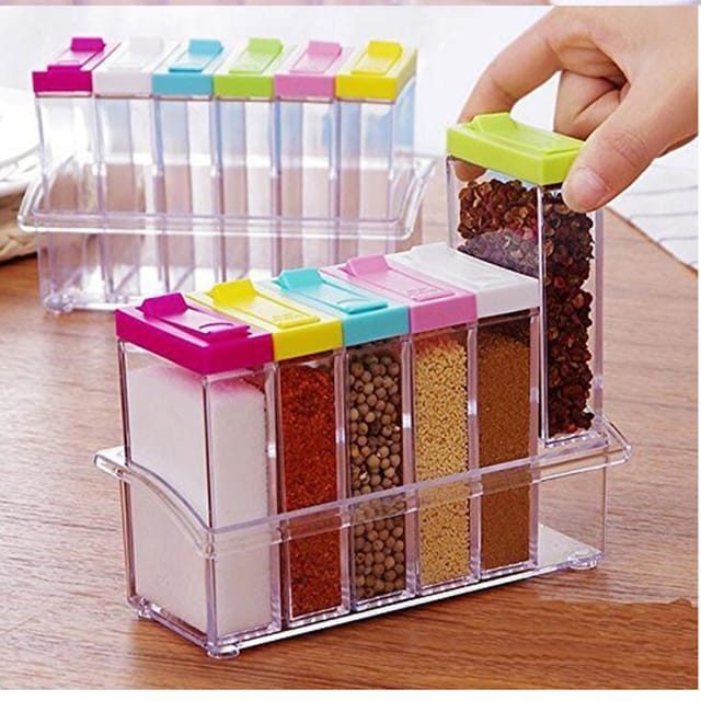 6 PCs Jar Spice Rack Pepper Salt Spice Masala Box Storage Containers | Pantry Storage Organizer | Kitchen Shelf | Kitchen Organizer | Spices Storage Rack