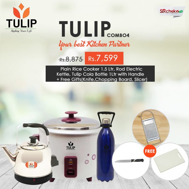 Tulip Combo 4 (Plain Rice Cooker 1.5 Ltr, Rod Electric Kettle, Tulip Cola Bottle 1Ltr with Handle + Free Gifts)