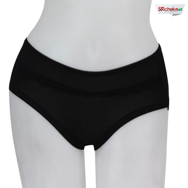 Black Solid Front Lace Midwaist Panty For Women