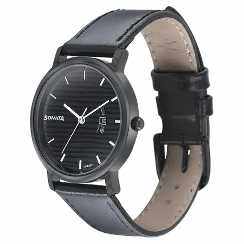 SONATA Onyx Black Dial Leather Watch