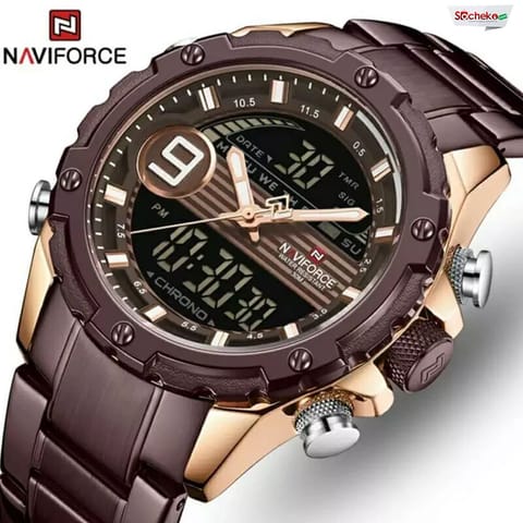 NaviForce NF3198 Digital Analog Dual Movement Stainless Steel Watch-Coffee/ Rose Gold