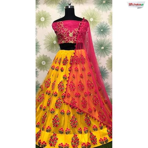 Yellow/Pink Embroidered Semi Stitched Net Lehenga With Shawl For Women