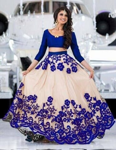 Blue/White Embroidered Semi Stitched Net Lehenga With Shawl For Women