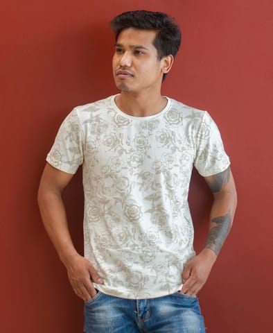 Level Jeans Rose Printed Half T-shirt For Men By Melange