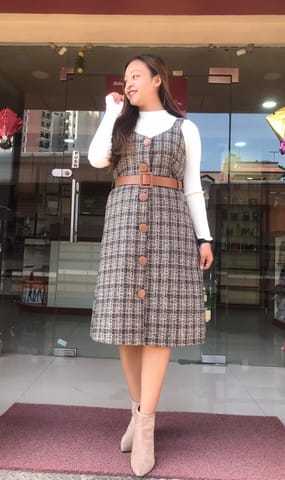 Belted Plaid Tweed Button Up Pinafore Dress